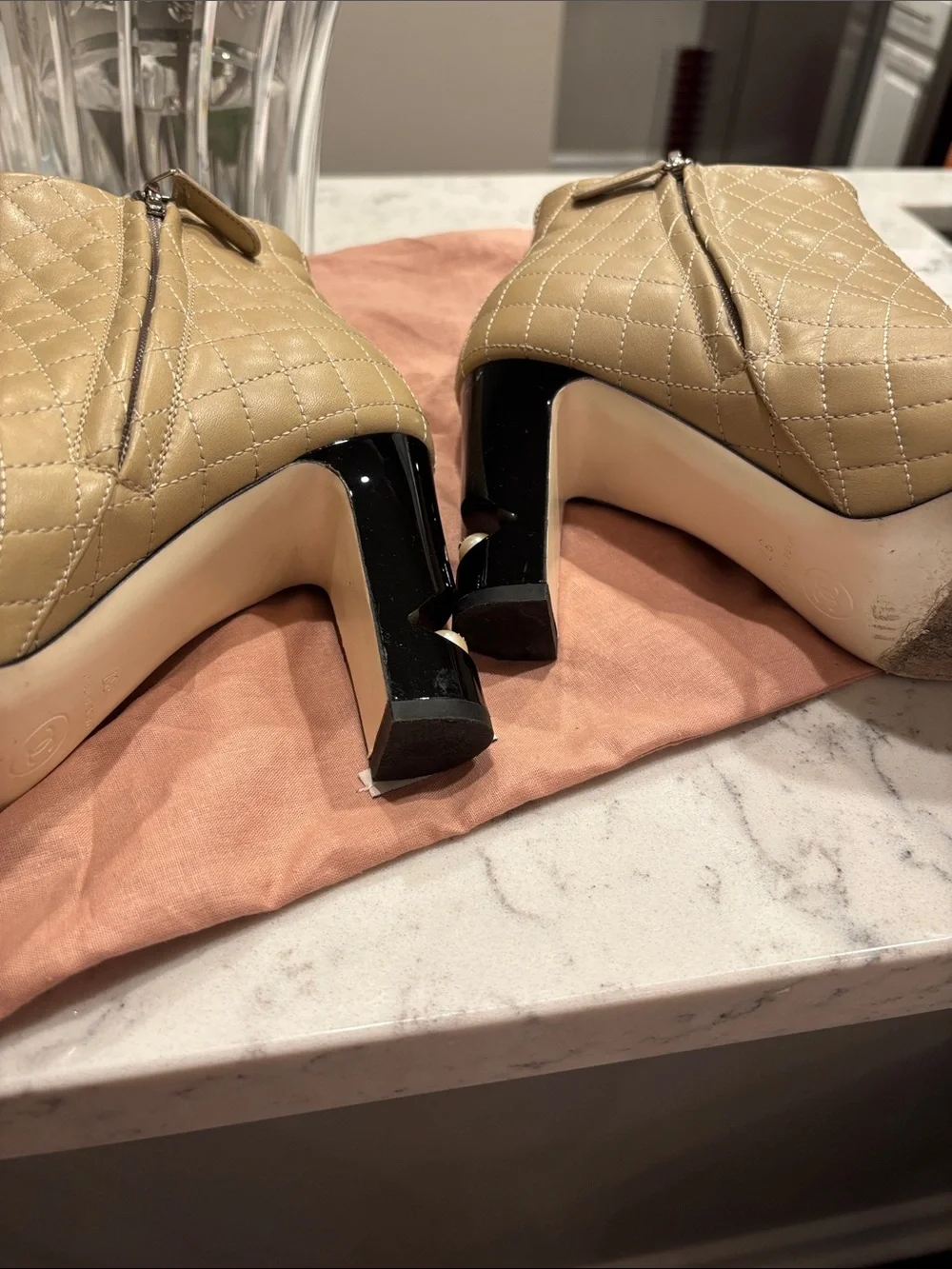 CHANEL Beige Quilted Peep-Toe Ankle Boots with Black Patent Trim